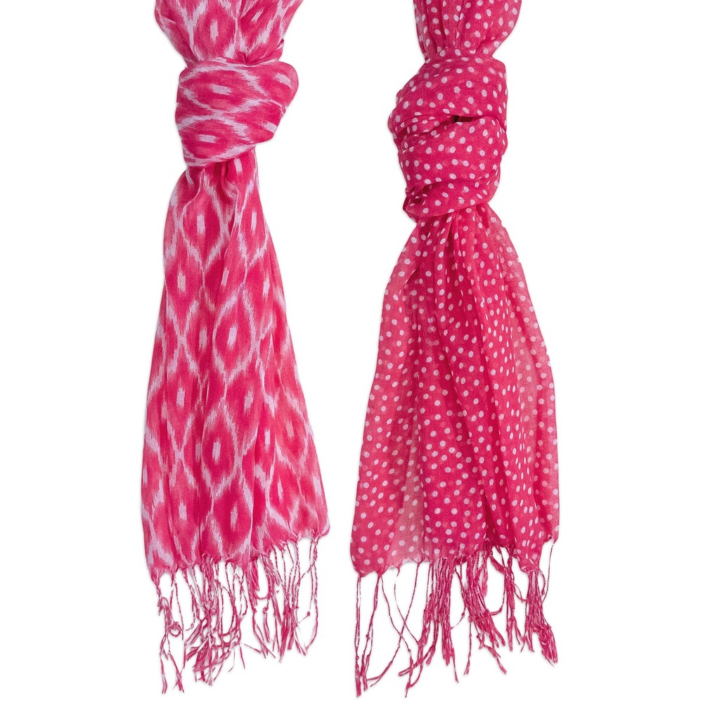 Neck Scarf Womens OS Pink Polka Dot‎ Ikat Fringed Lightweight Chiffon Wrap